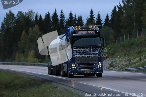 Image of Blue Volvo FH16 Milk Tanker Evening Trucking