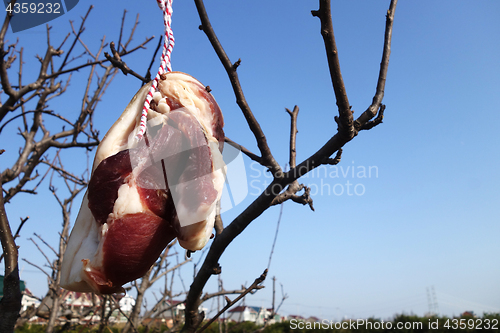 Image of The suspended pieces of the meat drying outside 