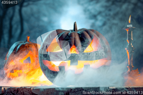 Image of Halloween pumpkins on blue background