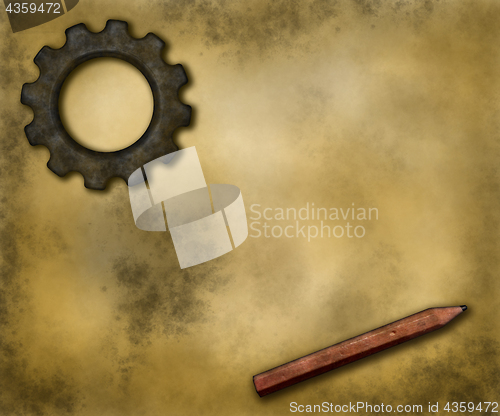 Image of gear wheel and pen on grunge background