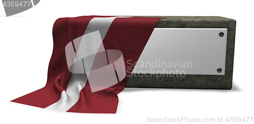 Image of stone socket with blank sign and flag of latvia - 3d rendering