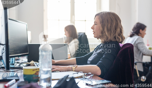 Image of Yound devoted female software developers team working on desktop computer in IT statup company.