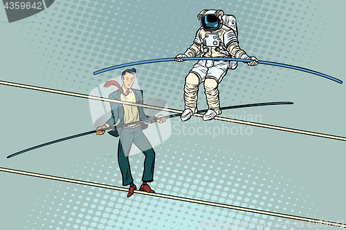 Image of tightrope walkers acrobats businessman and astronaut