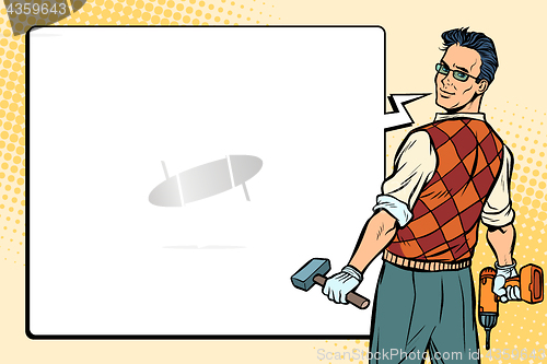 Image of repairman, carpenter and comic bubble