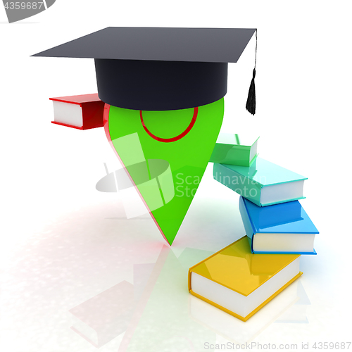 Image of Pointer of education in graduation hat with books around. 3d ill