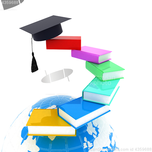Image of Earth of education with books around and graduation hat. Global 