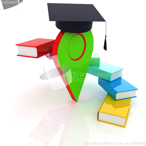 Image of Pointer of education in graduation hat with books around. 3d ill