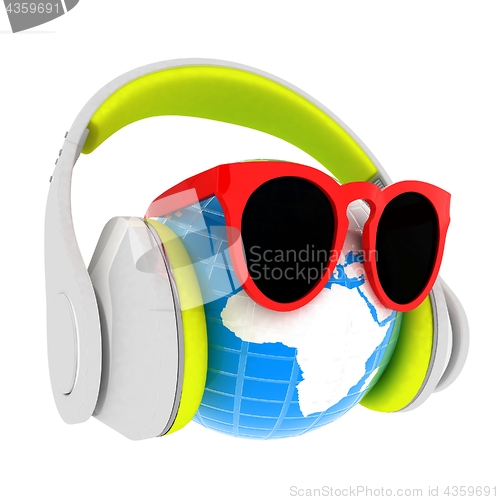 Image of Earth planet with earphones and sunglasses. 3d illustration