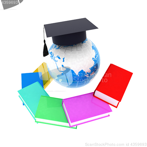 Image of Earth of education with books around and graduation hat. Global 