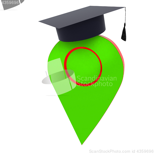 Image of Geo pin with graduation hat on white. School sign, geolocation a