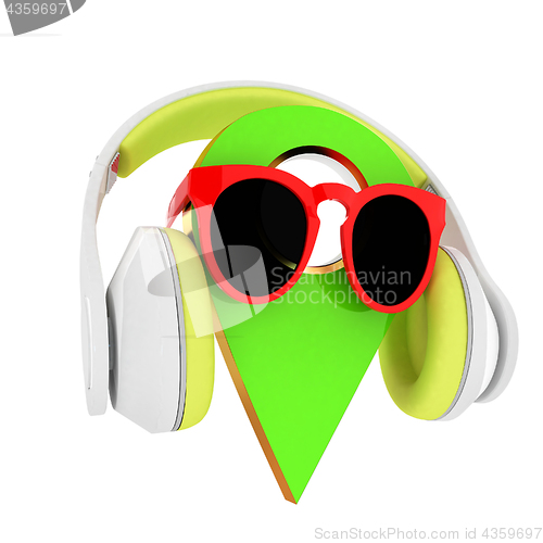 Image of Glamour map pointer in sunglasses and headphones. 3d illustratio