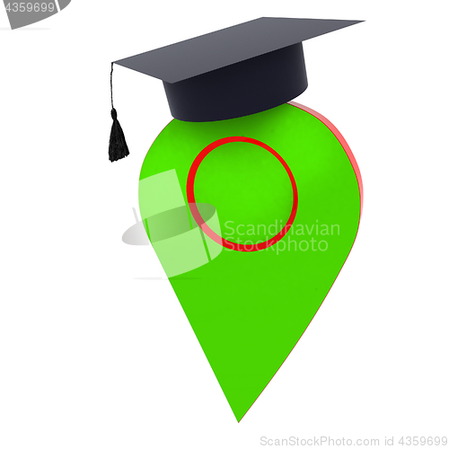 Image of Geo pin with graduation hat on white. School sign, geolocation a