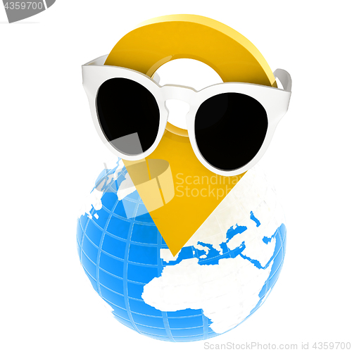 Image of Glamour map pointer in sunglasses on Earth. 3d illustration