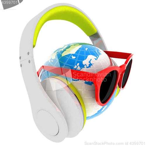 Image of Earth planet with earphones and sunglasses. 3d illustration