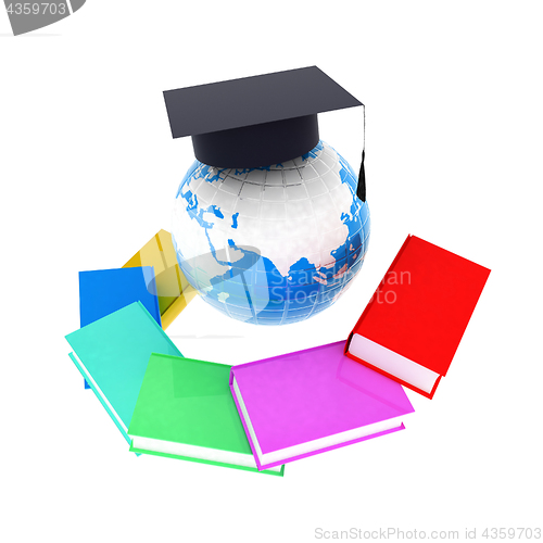 Image of Earth of education with books around and graduation hat. Global 