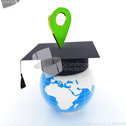 Image of Geo pin with graduation hat on white. School sign, geolocation a