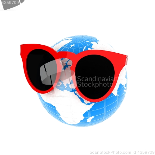 Image of Earth planet with earphones and sunglasses. 3d illustration