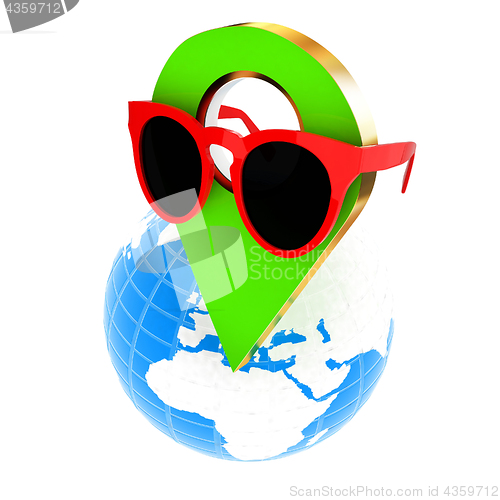 Image of Glamour map pointer in sunglasses on Earth. 3d illustration