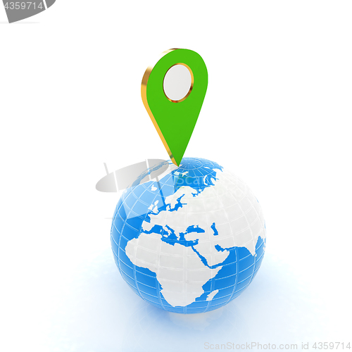 Image of Planet Earth and map pins icon. 3d illustration.