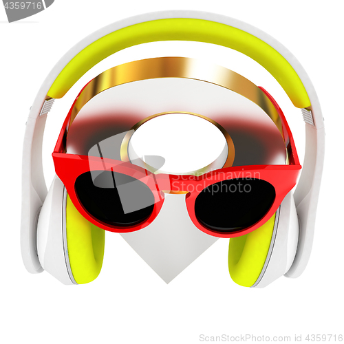 Image of Glamour map pointer in sunglasses and headphones. 3d illustratio