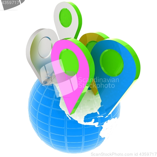 Image of Planet Earth and map pins icon. Earth globe and colorful map lab