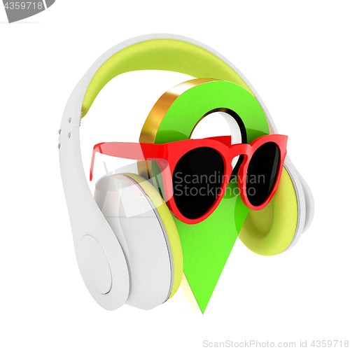 Image of Glamour map pointer in sunglasses and headphones. 3d illustratio