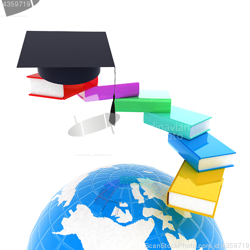 Image of Earth of education with books around and graduation hat. Global 