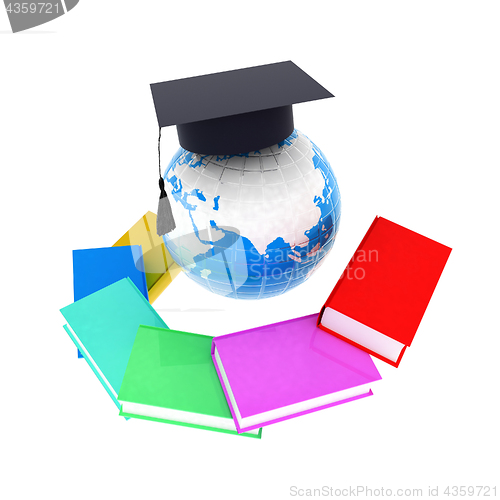 Image of Earth of education with books around and graduation hat. Global 