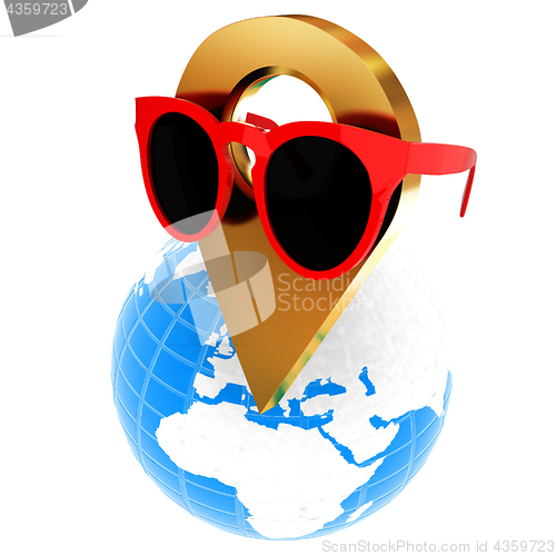 Image of Glamour map pointer in sunglasses on Earth. 3d illustration