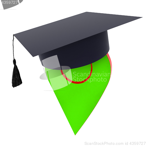 Image of Geo pin with graduation hat on white. School sign, geolocation a