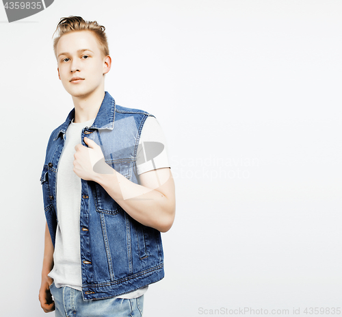 Image of young handsome teenage hipster guy posing emotional, happy smiling against white background isolated, lifestyle people concept