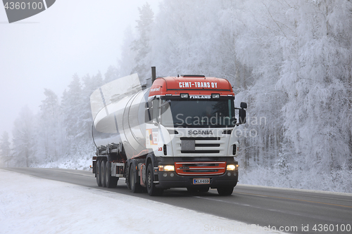 Image of Scania Semi Tanker in Winter Fog