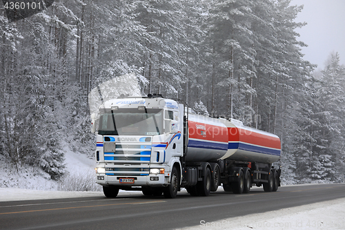 Image of Scania 164L Tank Truck on Winter Highway