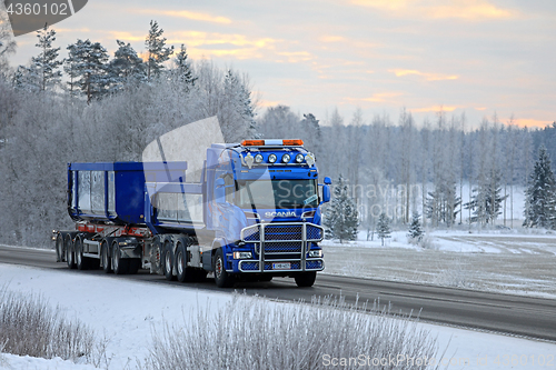 Image of Blue Scania Gravel Truck at Winter Dusktime