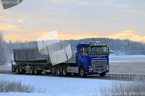 Image of Blue Volvo FH Gravel Truck at Winter Dusk