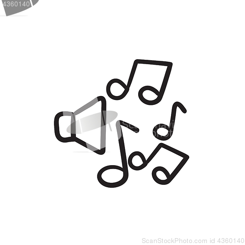 Image of Loudspeakers with music notes sketch icon.