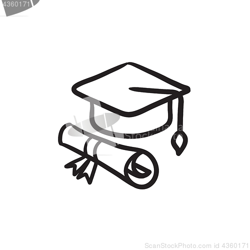 Image of Graduation cap with paper scroll sketch icon.