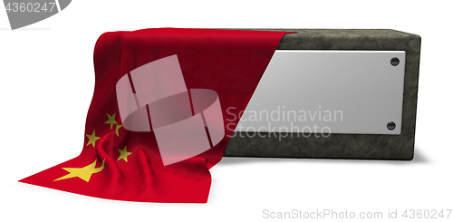 Image of stone socket with blank sign and flag of china - 3d rendering