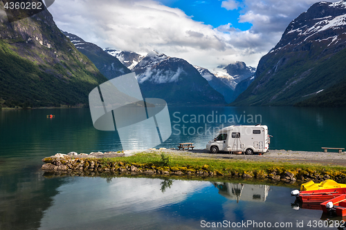 Image of Family vacation travel RV, holiday trip in motorhome