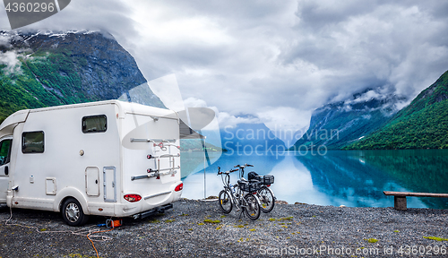 Image of Family vacation travel RV, holiday trip in motorhome