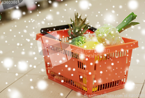 Image of food basket on grocery or supermarket floor