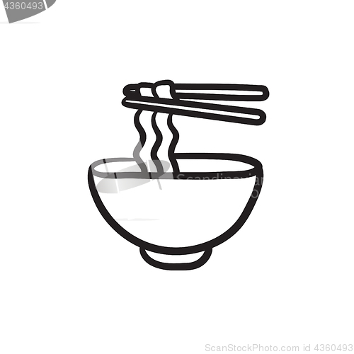 Image of Bowl of noodles with pair chopsticks sketch icon.