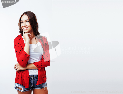 Image of young pretty stylish hipster girl posing emotional isolated on w