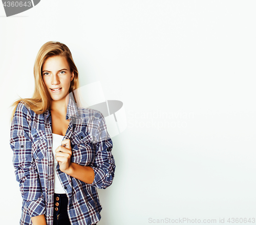 Image of young pretty stylish hipster girl posing emotional isolated on w