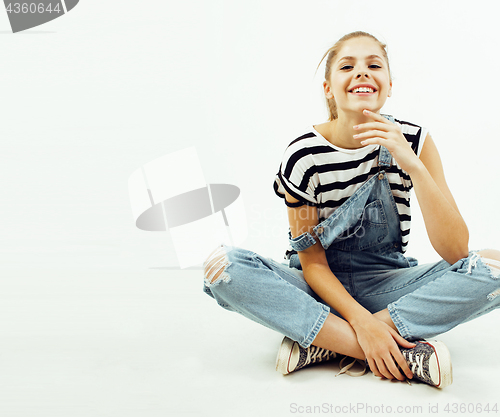 Image of young pretty stylish hipster girl posing emotional isolated on white background happy smiling cool smile, lifestyle people concept close up