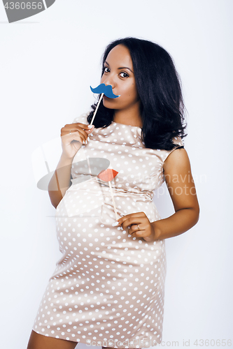 Image of young pretty african american woman pregnant happy smiling, posing on white background isolated , lifestyle people concept