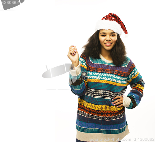 Image of cute young real african hipster girl in santas red hat isolated 