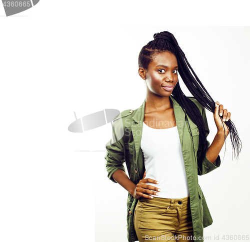 Image of young pretty african-american girl posing cheerful emotional on 