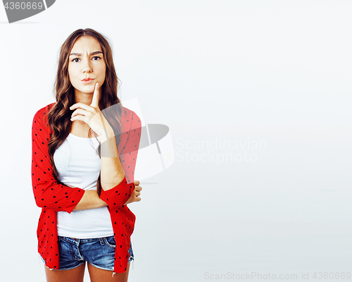 Image of young pretty stylish hipster girl posing emotional isolated on w