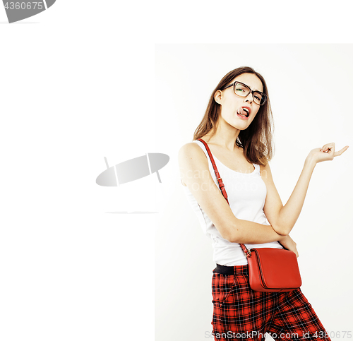 Image of young pretty stylish hipster girl posing emotional isolated on w